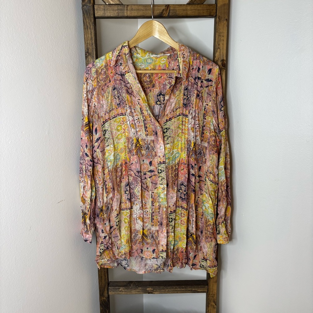 Jane and Delancey Pink and Yellow Patterned Button-Down Blouse Size M